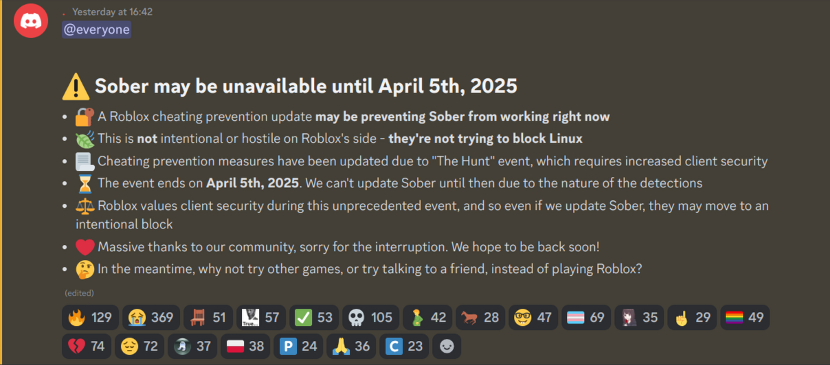 discord message regarding the ongoing disruption of sober